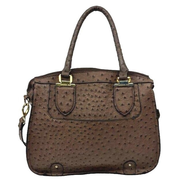 London Fog Ostrich-Embossed Brown Satchel Bag With Adjustable Strap & Dual Handles