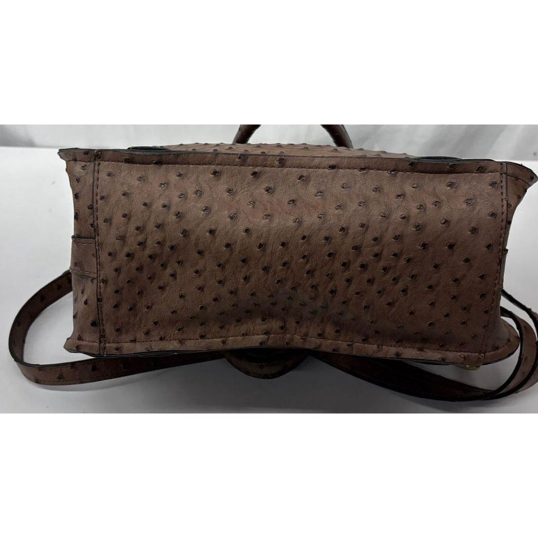 London Fog Ostrich-Embossed Brown Satchel Bag With Adjustable Strap & Dual Handles