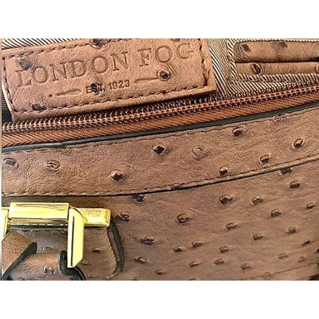 London Fog Ostrich-Embossed Brown Satchel Bag With Adjustable Strap & Dual Handles