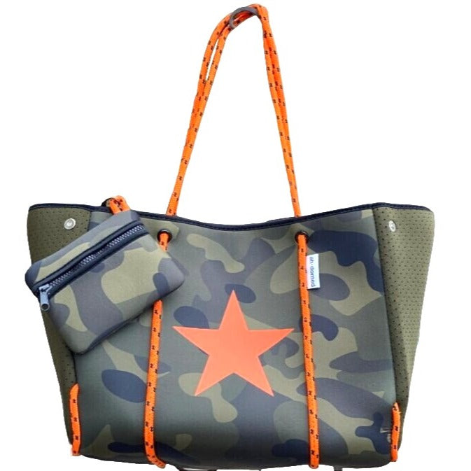 Ah-dorned Camouflage Neoprene Tote Bag With Star Print & Matching Pouch