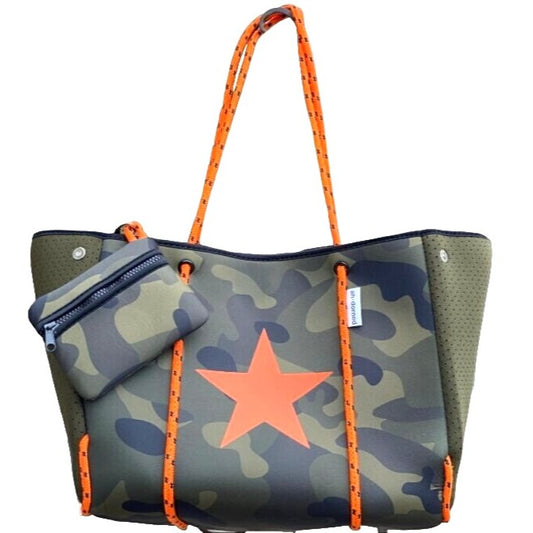 Ah-dorned Camouflage Neoprene Tote Bag With Star Print & Matching Pouch
