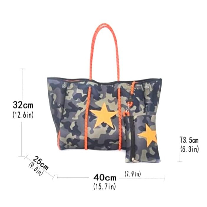 Ah-dorned Camouflage Neoprene Tote Bag With Star Print & Matching Pouch