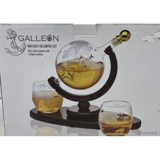 Galleon Whiskey Decanter Set With Glass Ship Sculpture & 2 Globe Tumblers On Wooden Stand
