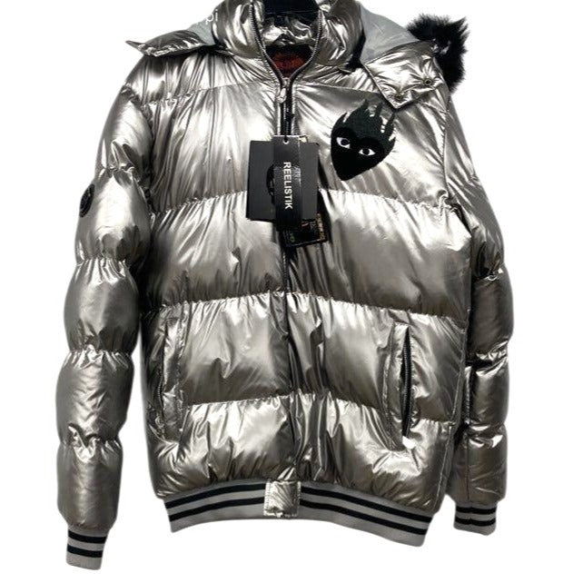 Reelistik Men's Silver Puffer Jacket 2XL With Hood Faux Fur Trim NWT