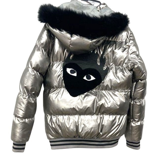 Reelistik Men's Silver Puffer Jacket 2XL With Hood Faux Fur Trim NWT