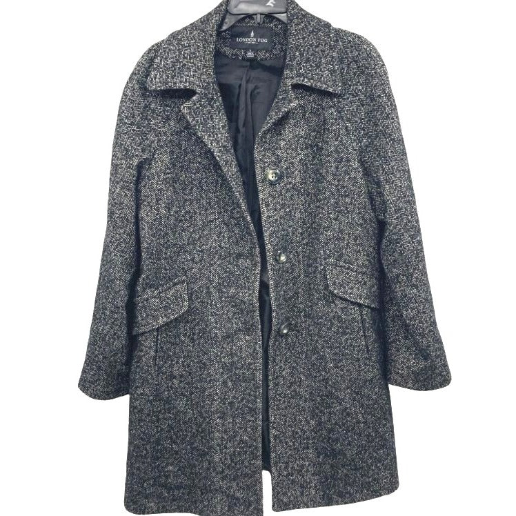 London Fog Womens Wool Blend Black/White Tweed Coat Large Knee-Length