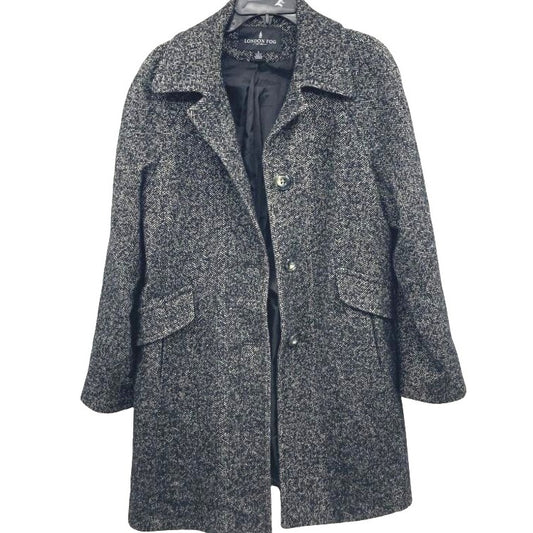 London Fog Womens Wool Blend Black/White Tweed Coat Large Knee-Length