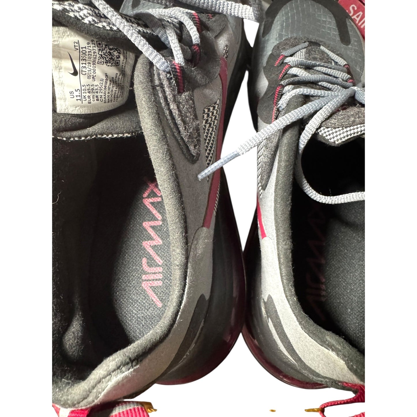 Nike Air Max 270 React Sneakers Gray & Red Size 11.5 Mens Athletic Shoes Lightweight Breathable Cushion Sole