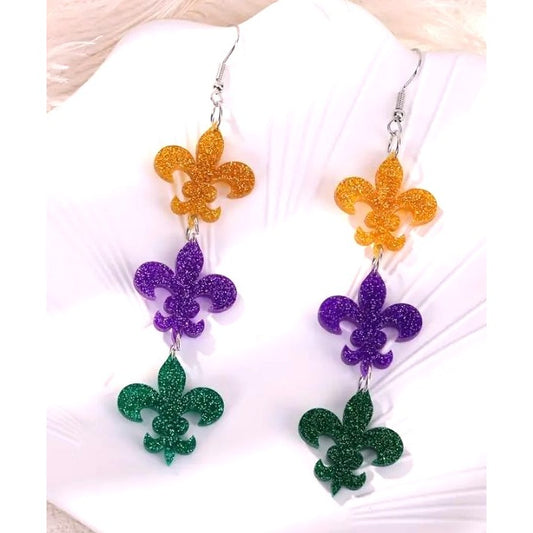 Mardi Gras Fleur-De-Lis Dangle Earrings NEW