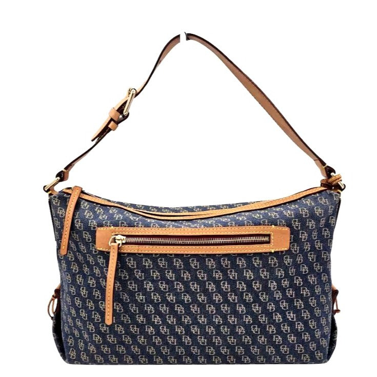 Dooney & Bourke Signature Monogram Denim Hobo Shoulder Bag With Leather Strap & Red Interior