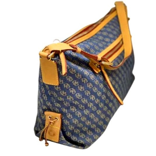 Dooney & Bourke Signature Monogram Denim Hobo Shoulder Bag With Leather Strap & Red Interior