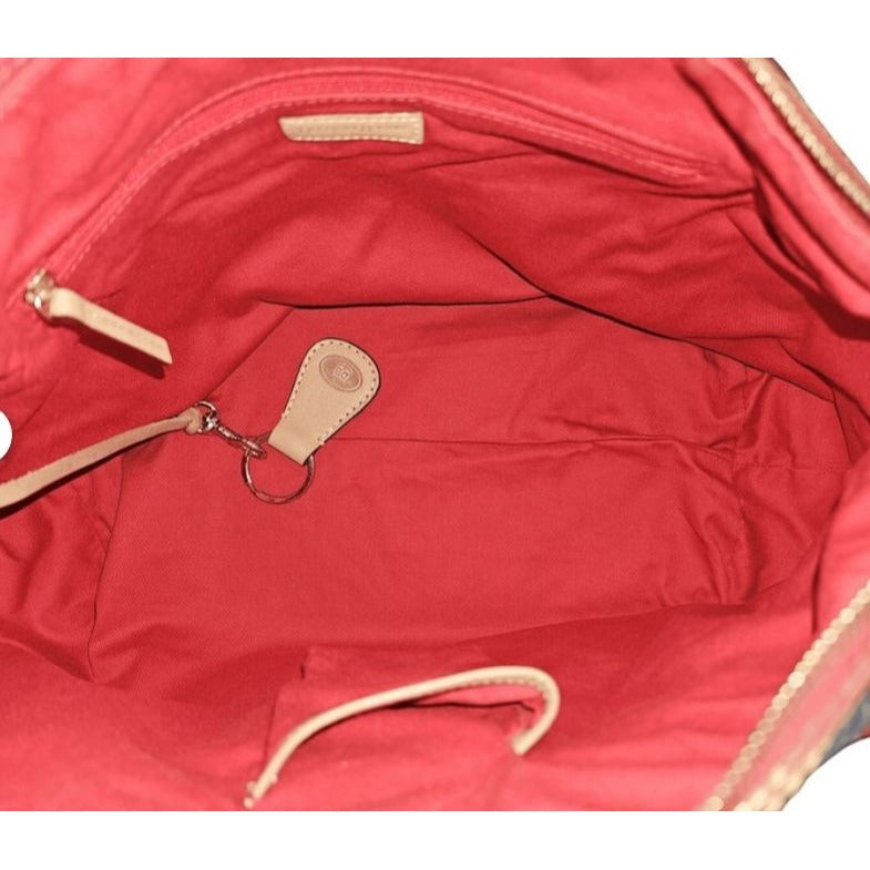 Dooney & Bourke Signature Monogram Denim Hobo Shoulder Bag With Leather Strap & Red Interior