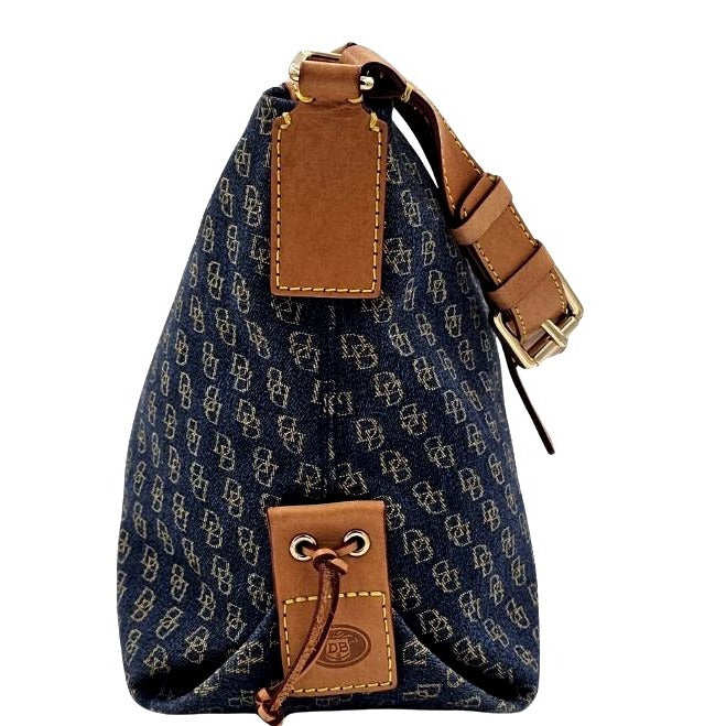 Dooney & Bourke Signature Monogram Denim Hobo Shoulder Bag With Leather Strap & Red Interior