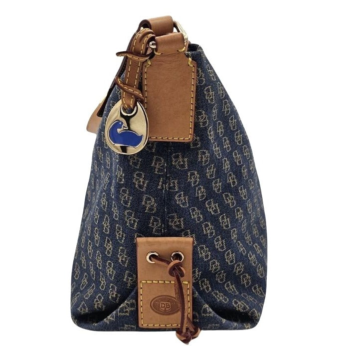 Dooney & Bourke Signature Monogram Denim Hobo Shoulder Bag With Leather Strap & Red Interior