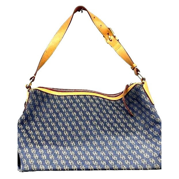 Dooney & Bourke Signature Monogram Denim Hobo Shoulder Bag With Leather Strap & Red Interior