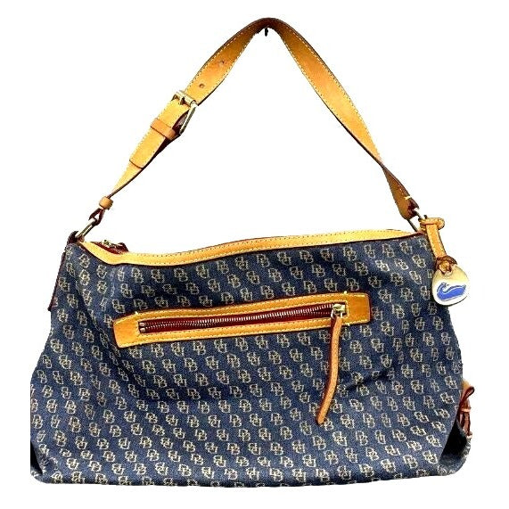 Dooney & Bourke Signature Monogram Denim Hobo Shoulder Bag With Leather Strap & Red Interior