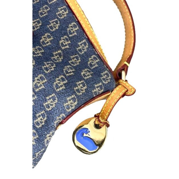 Dooney & Bourke Signature Monogram Denim Hobo Shoulder Bag With Leather Strap & Red Interior