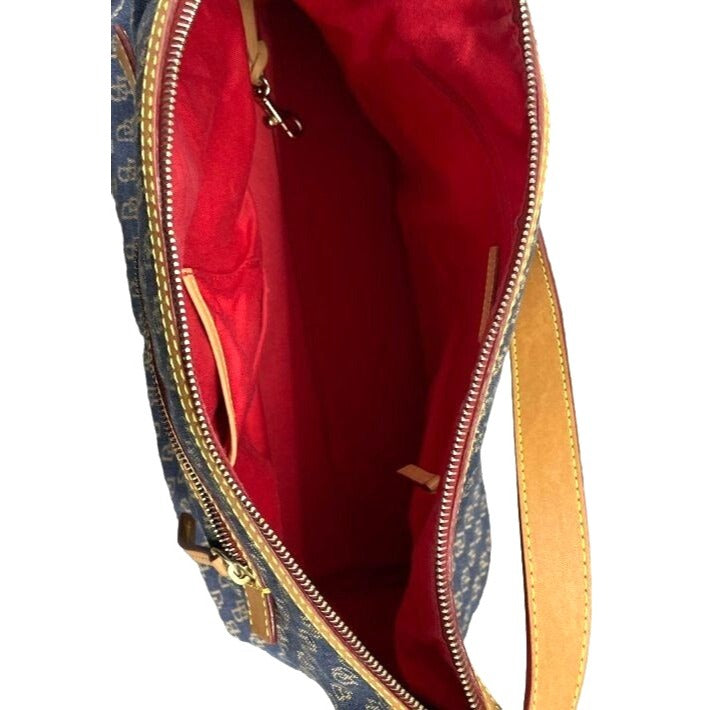 Dooney & Bourke Signature Monogram Denim Hobo Shoulder Bag With Leather Strap & Red Interior
