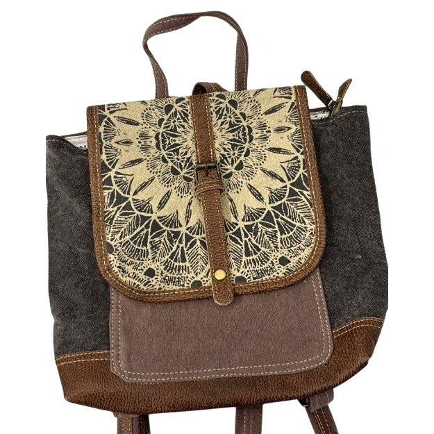 Myra Bag Canvas & Leather Backpack With Mandala Flap Brown/Beige Adjustable Straps & Interior Pockets