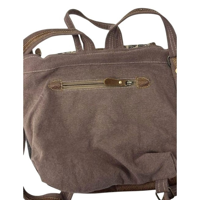 Myra Bag Canvas & Leather Backpack With Mandala Flap Brown/Beige Adjustable Straps & Interior Pockets