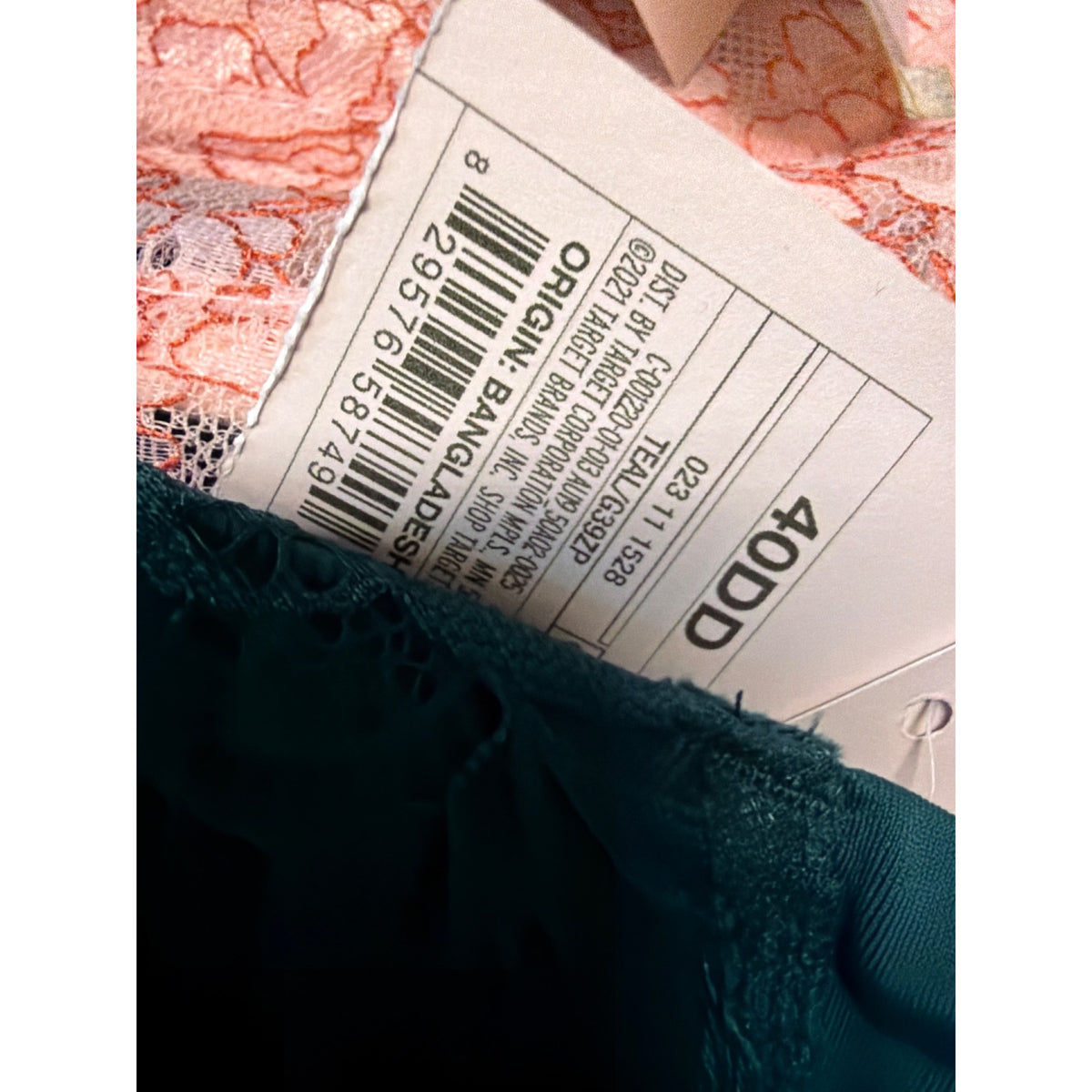 Auden Teal Lace Full Coverage Bra 40DD With Adjustable Straps NWT