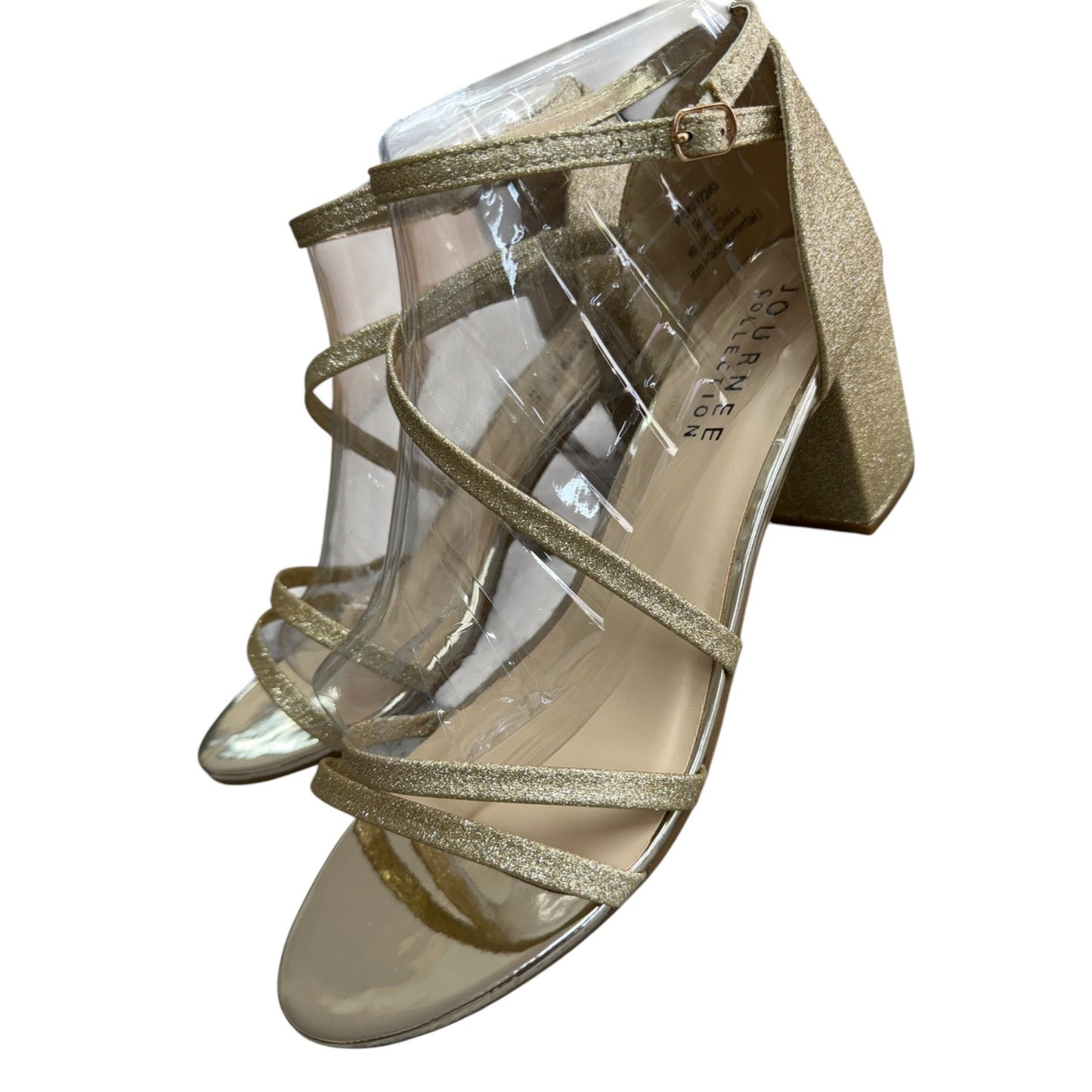 Gold Glitter Strappy Block Heel Sandals By Journee Collection SZ 8.5