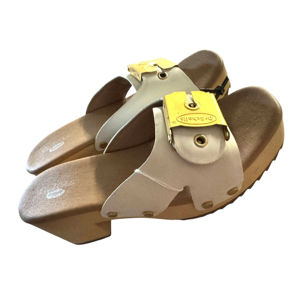 Dr. Scholls Women's Size 7 Leather Sandals With Gold Buckle & Platform Sole