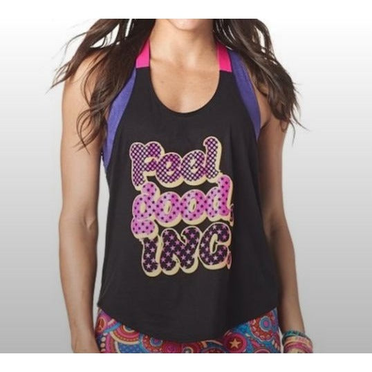 Zumba Feel Good Inc. Racerback Tank Top Bold Black Pink Stars Womens S