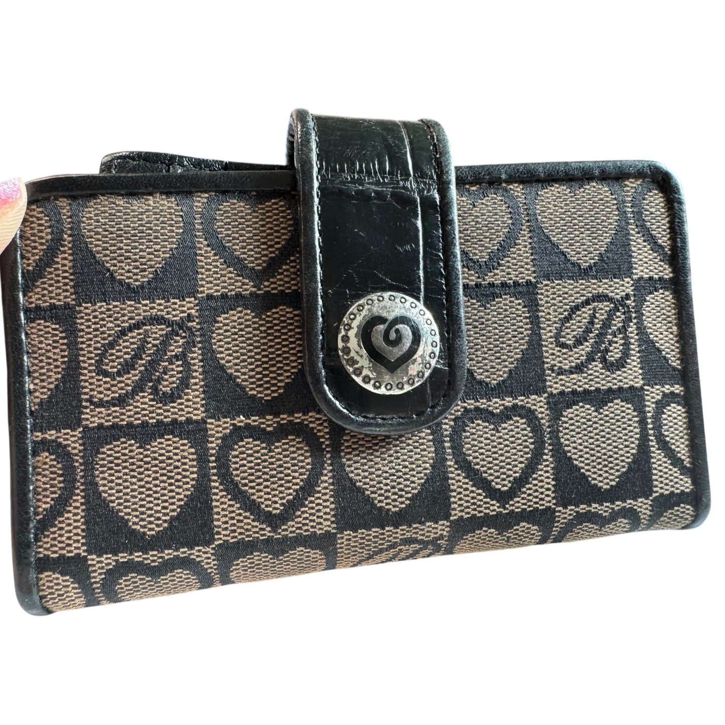 Brighton Black Leather & Fabric Small Wallet With Snap Closure & Heart Accents