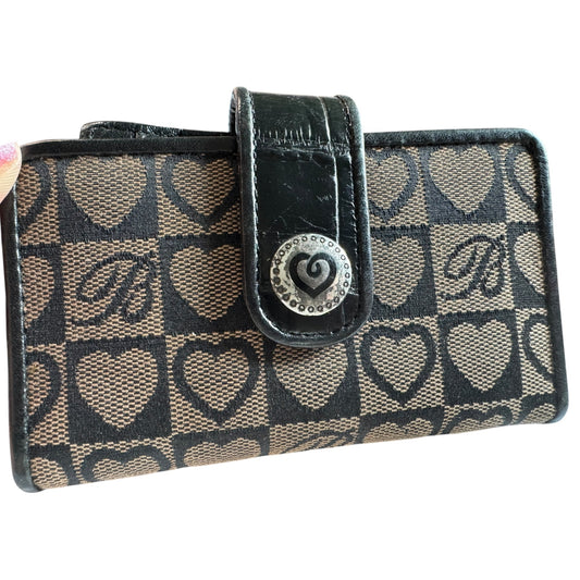 Brighton Black Leather & Fabric Small Wallet With Snap Closure & Heart Accents