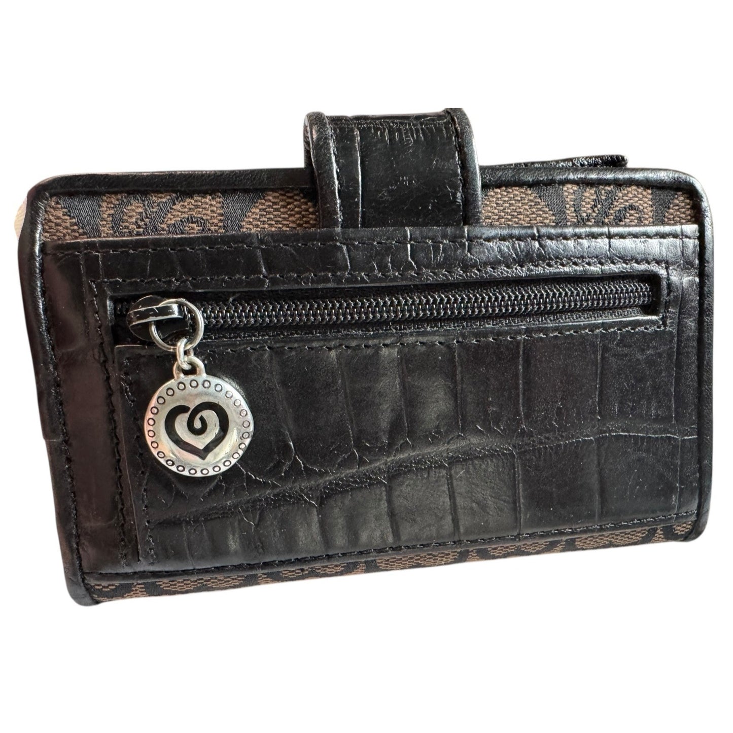Brighton Black Leather & Fabric Small Wallet With Snap Closure & Heart Accents