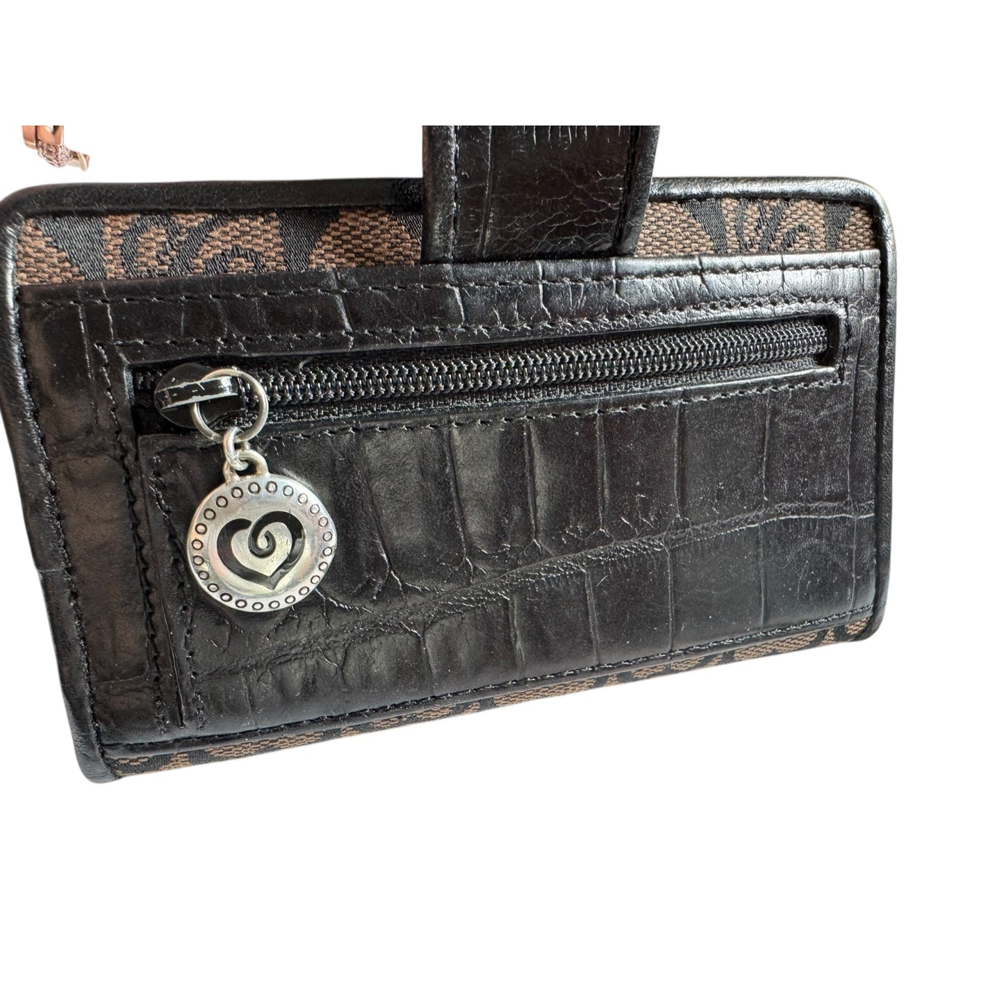 Brighton Black Leather & Fabric Small Wallet With Snap Closure & Heart Accents