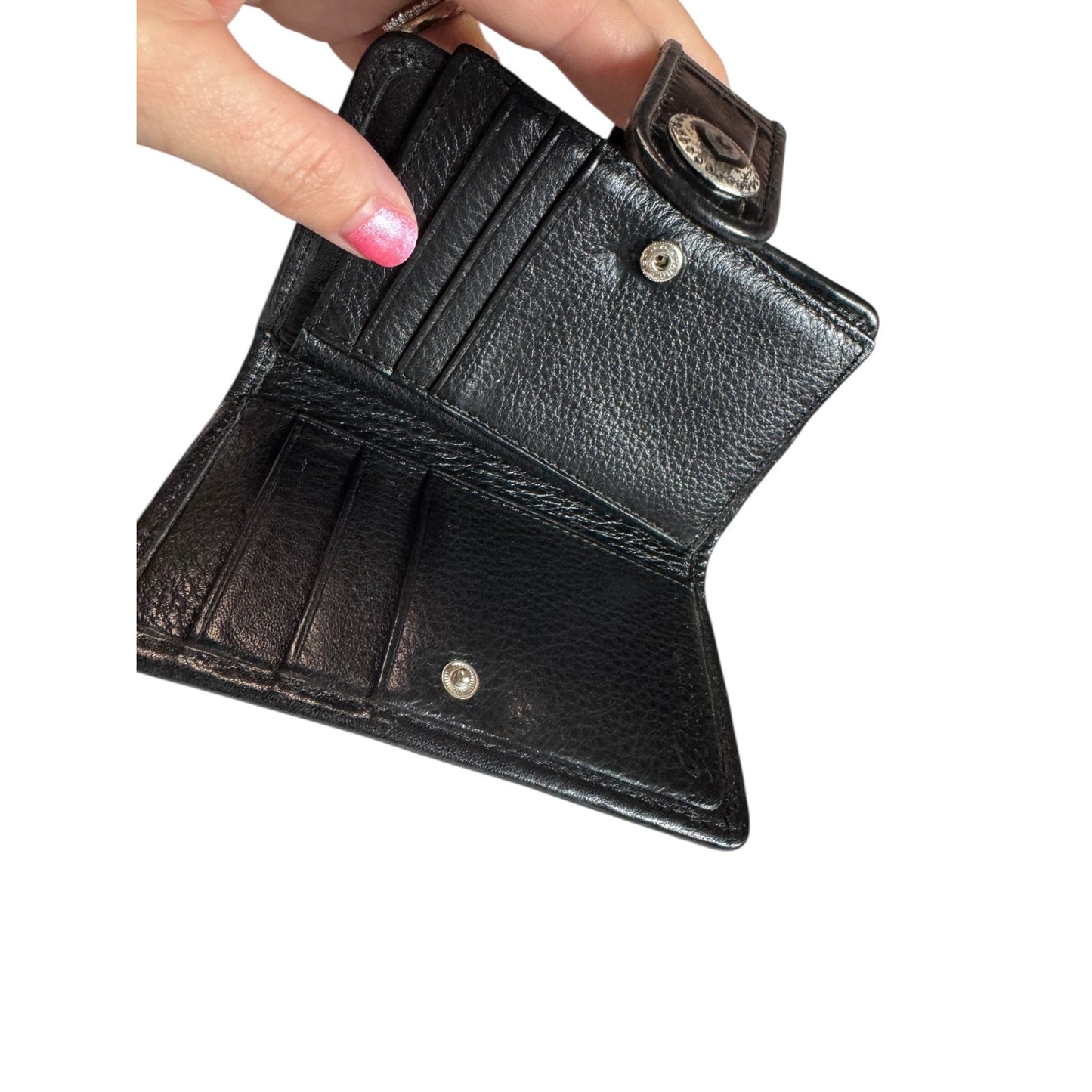 Brighton Black Leather & Fabric Small Wallet With Snap Closure & Heart Accents