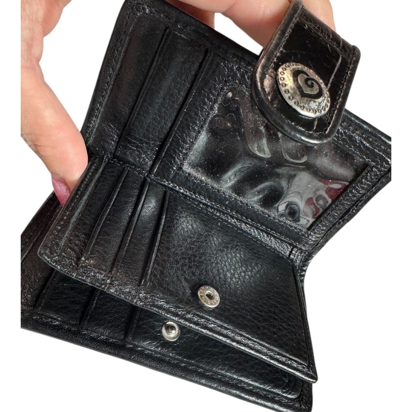Brighton Black Leather & Fabric Small Wallet With Snap Closure & Heart Accents
