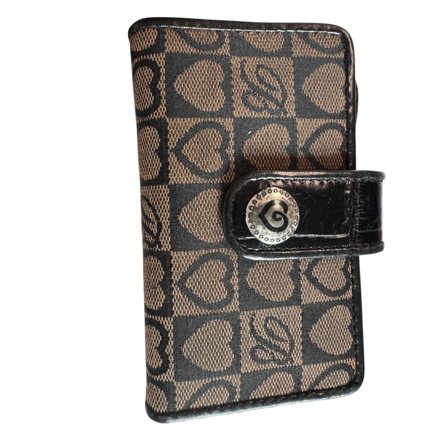 Brighton Black Leather & Fabric Small Wallet With Snap Closure & Heart Accents