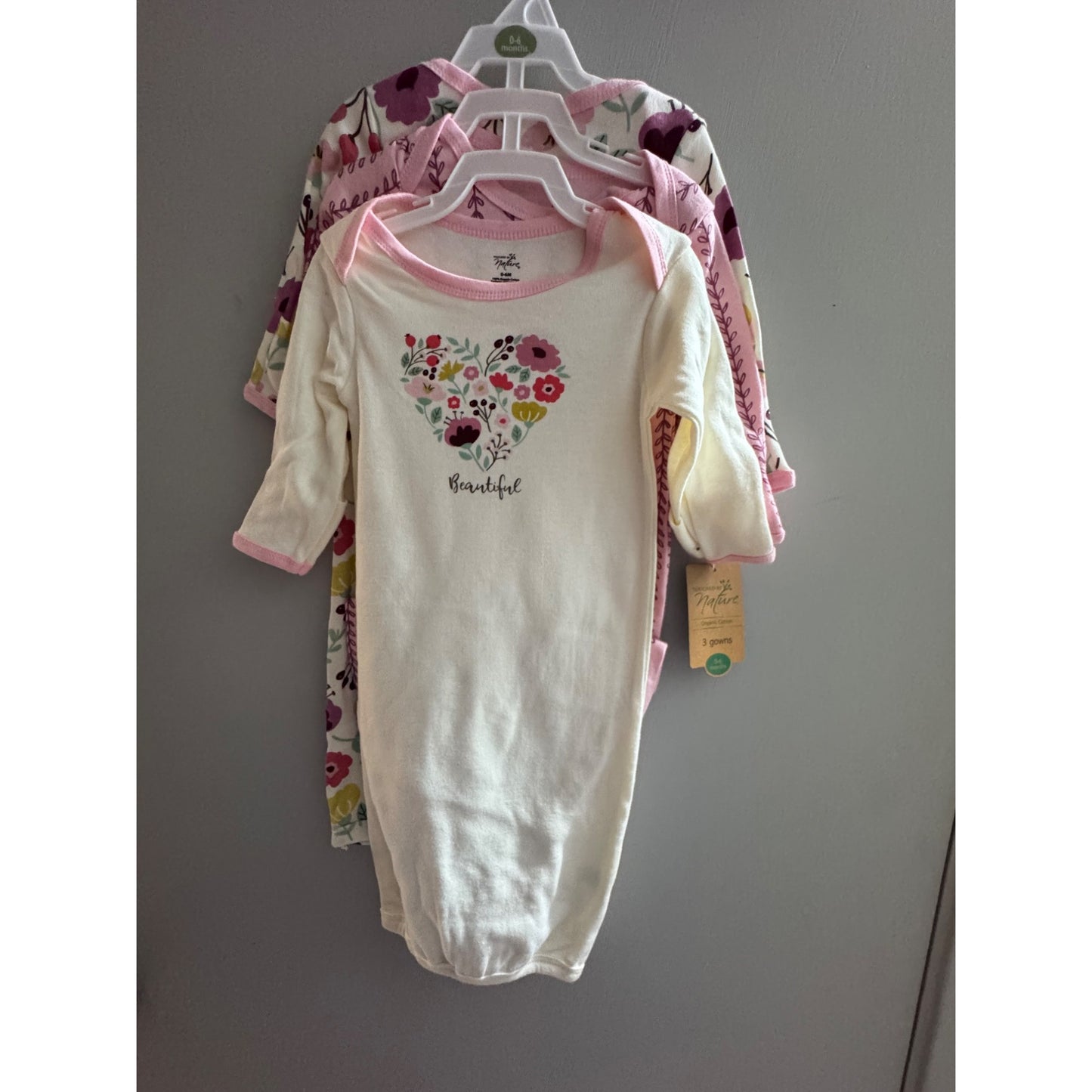 Touched By Nature Organic Cotton Baby Gowns 0-6 Months Set Of 3 Floral Print