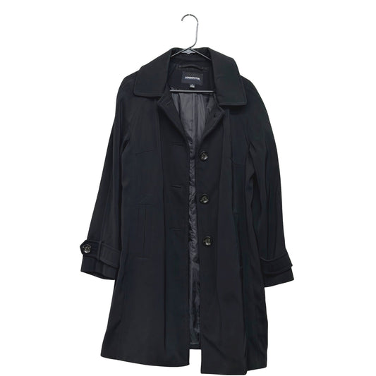 London Fog Black Trench Coat Womens L Button-Front Lightweight Polyester Lined
