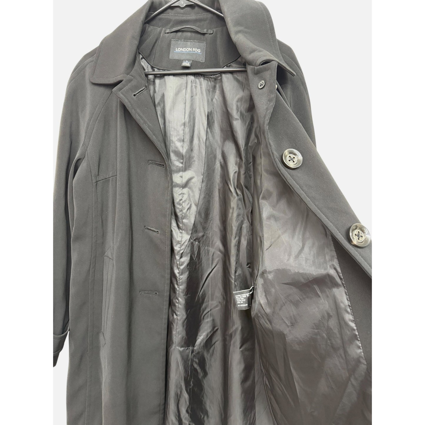 London Fog Black Trench Coat Womens L Button-Front Lightweight Polyester Lined