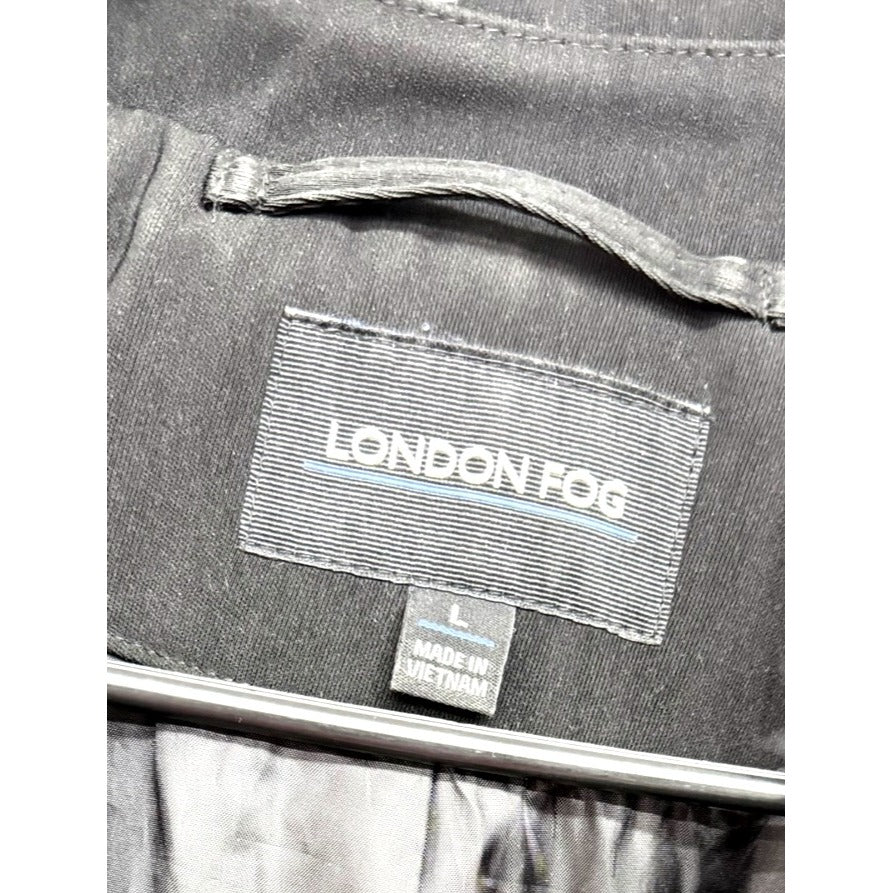 London Fog Black Trench Coat Womens L Button-Front Lightweight Polyester Lined