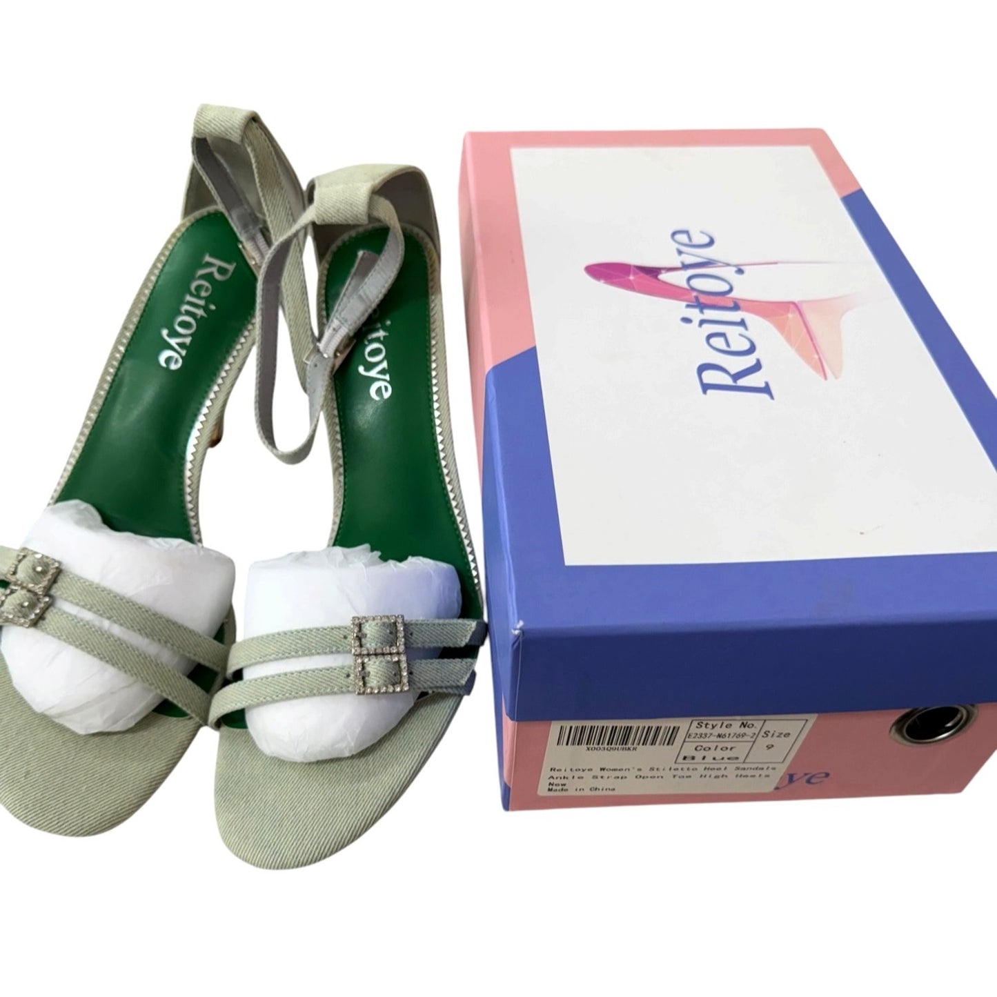 Reitoye Womens Stiletto Heel Sandals Ankle Strap Open Toe Light Green Size 9 NWB