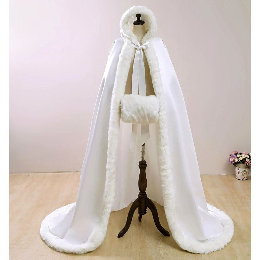 Ivory Satin Cap Faux Fir Long Cloak Formal Bridal Winter Wedding Cape with Hand Muffs