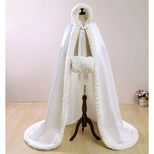 Ivory Satin Cap Faux Fir Long Cloak Formal Bridal Winter Wedding Cape with Hand Muffs