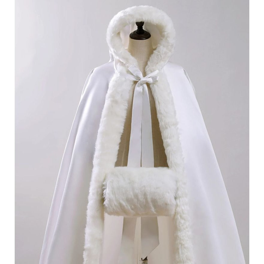 Ivory Satin Cap Faux Fir Long Cloak Formal Bridal Winter Wedding Cape with Hand Muffs