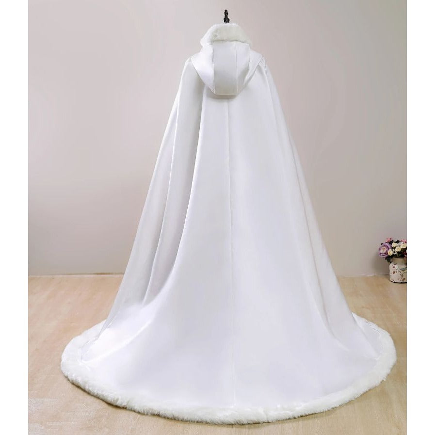 Ivory Satin Cap Faux Fir Long Cloak Formal Bridal Winter Wedding Cape with Hand Muffs