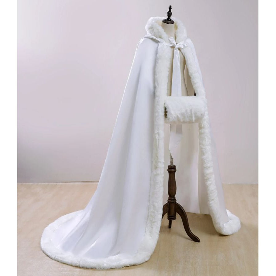 Ivory Satin Cap Faux Fir Long Cloak Formal Bridal Winter Wedding Cape with Hand Muffs