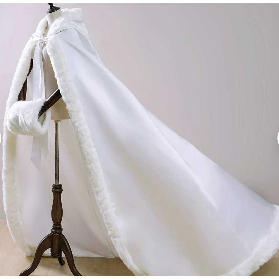 Ivory Satin Cap Faux Fir Long Cloak Formal Bridal Winter Wedding Cape with Hand Muffs