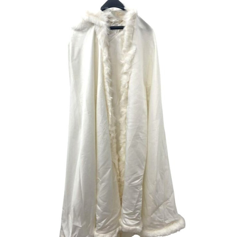 Ivory Satin Cap Faux Fir Long Cloak Formal Bridal Winter Wedding Cape with Hand Muffs