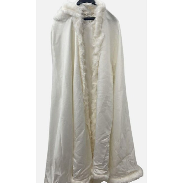 Ivory Satin Cap Faux Fir Long Cloak Formal Bridal Winter Wedding Cape with Hand Muffs
