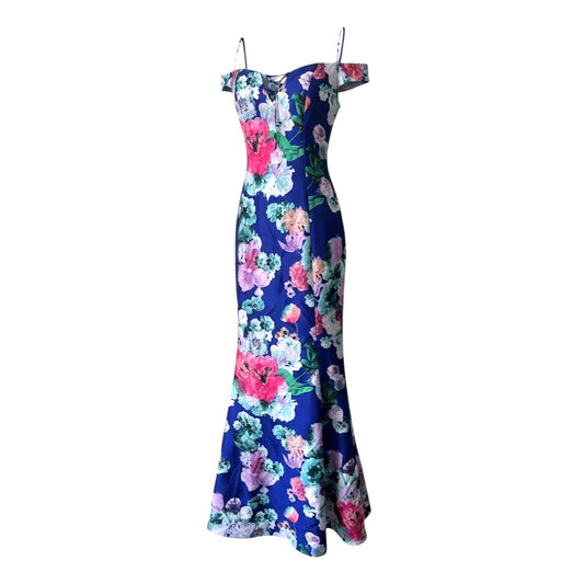 My Michelle Blue Floral Off Shoulder Mermaid Evening Gown Dress Size 0