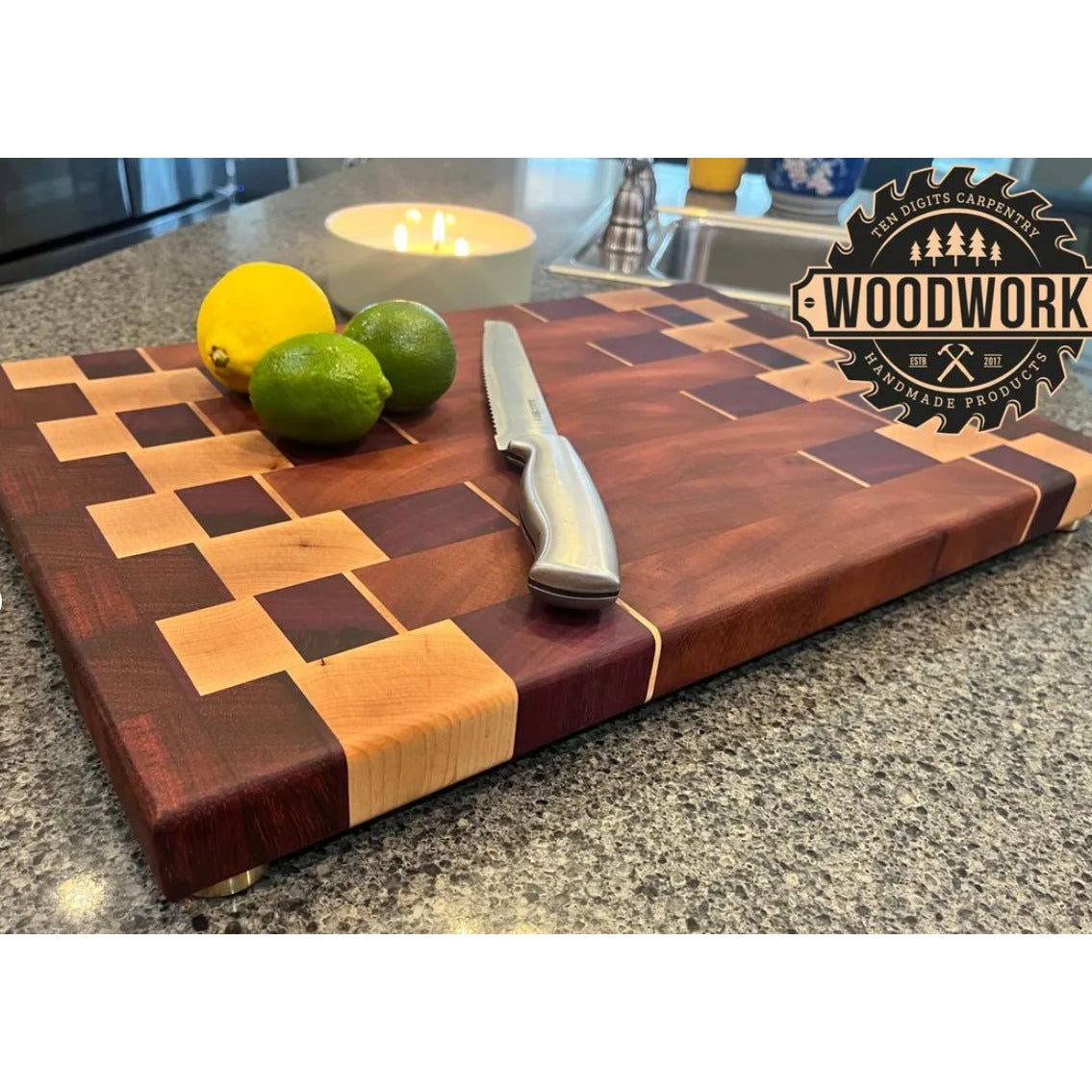 Beeswax, Mahogany, Purple Heart, & Maple Handmade End Grain Wooden Cutting Board